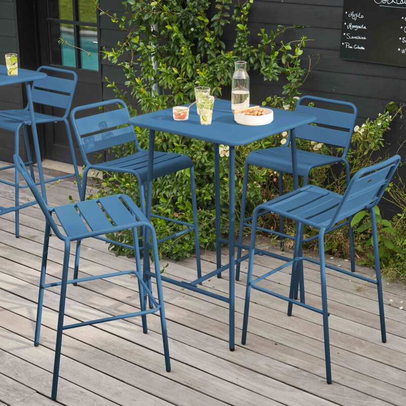 Table de bar (70 cm) et 4 chaises hautes en métal