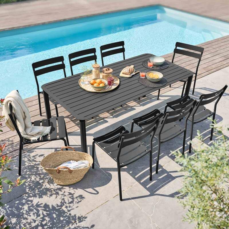 Table de terrasse rectangulaire 185 x 92 cm et 8 chaises en aluminium