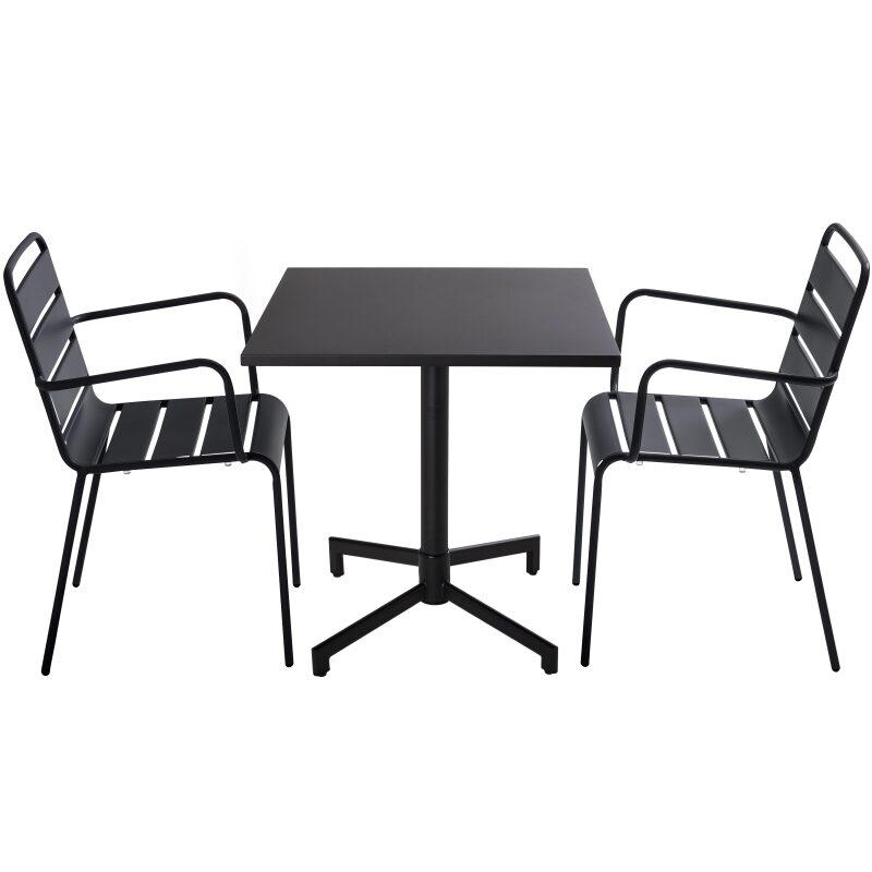 Table inclinable 70 x 70 cm , pieds encastrables et 2 fauteuils en métal avec accoudoirs
