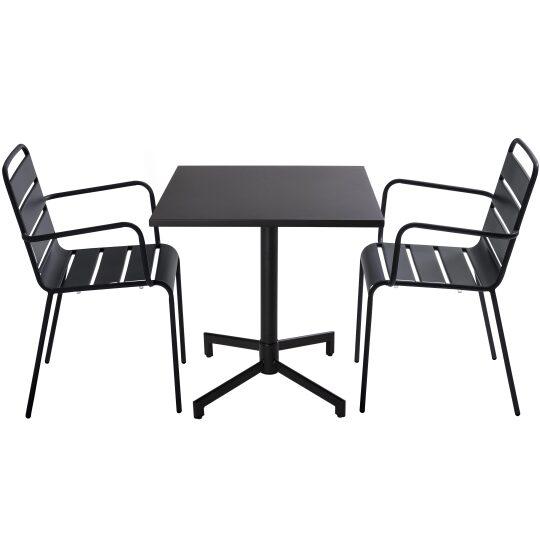 Table inclinable 70 x 70 cm , pieds encastrables et 2 fauteuils en métal avec accoudoirs