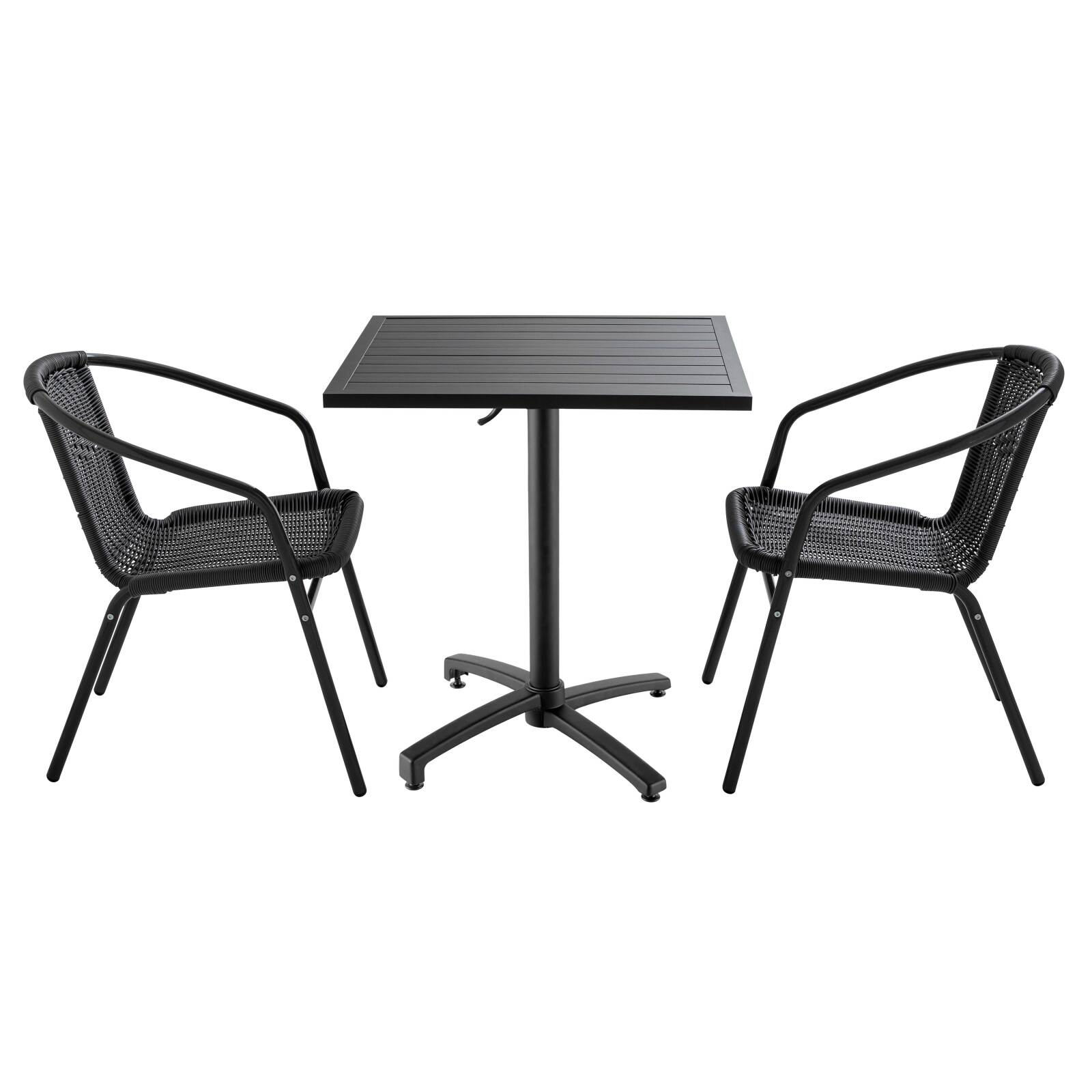 Table de terrasse carrée (70 cm) et 2 chaises en aluminium et résine