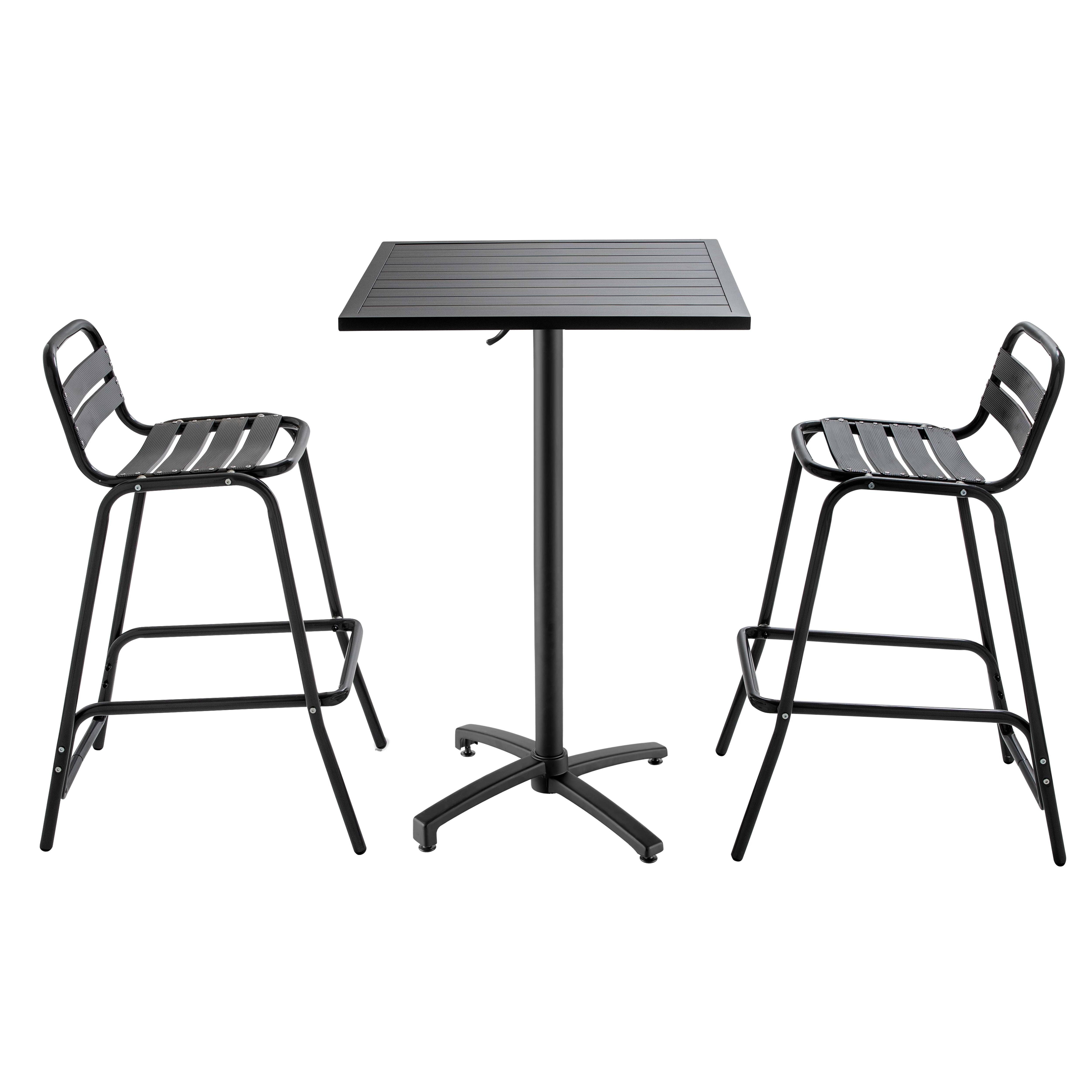 Table haute de terrasse bistrot carrée en aluminium 60x60 cm et 2 chaises hautes