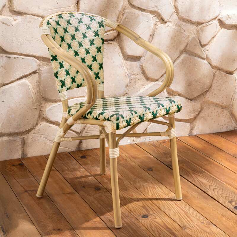 Chaise de terrasse style bistrot parisien en aluminium et rotin synthétique avec accoudoirs