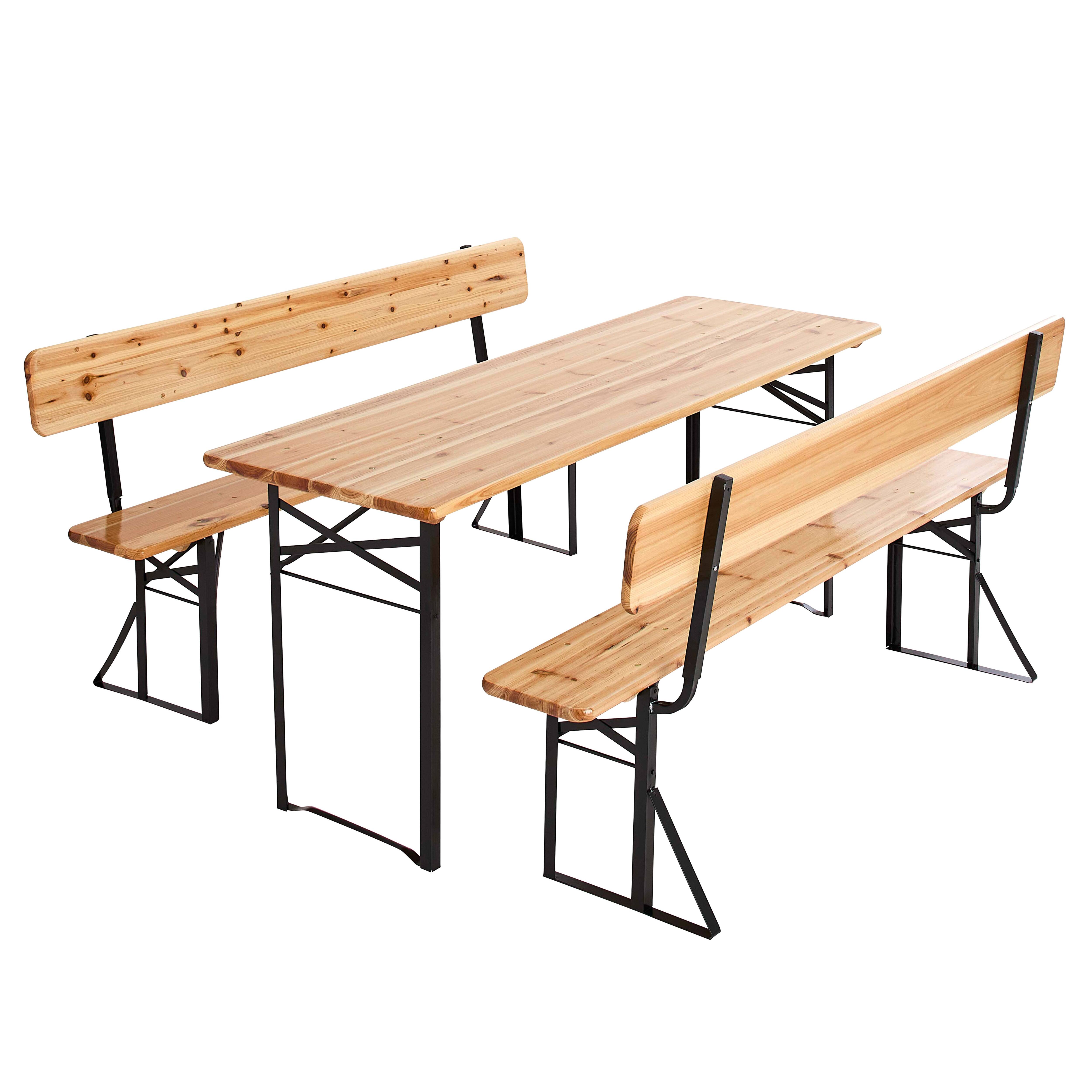Table brasserie et 2 bancs pliants en bois avec dossiers 8 places 180x60 cm