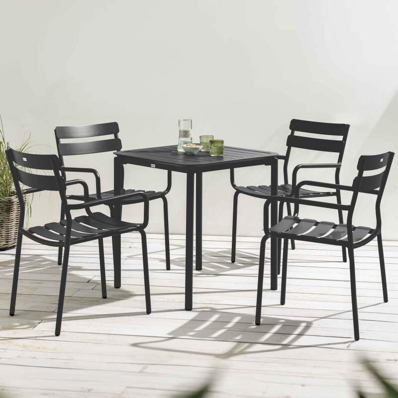 Table de terrasse carrée 70 x 70 cm et 4 chaises avec accoudoirs en aluminium