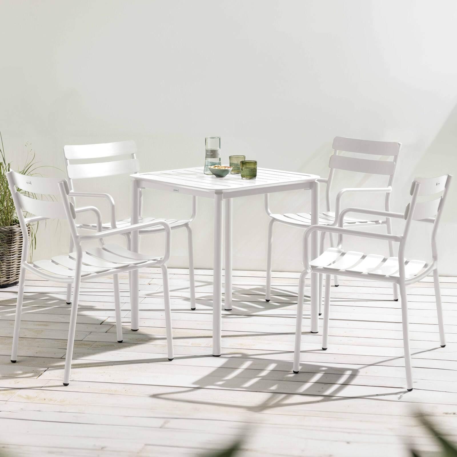 Table de terrasse carrée 70 x 70 cm et 4 chaises avec accoudoirs en aluminium