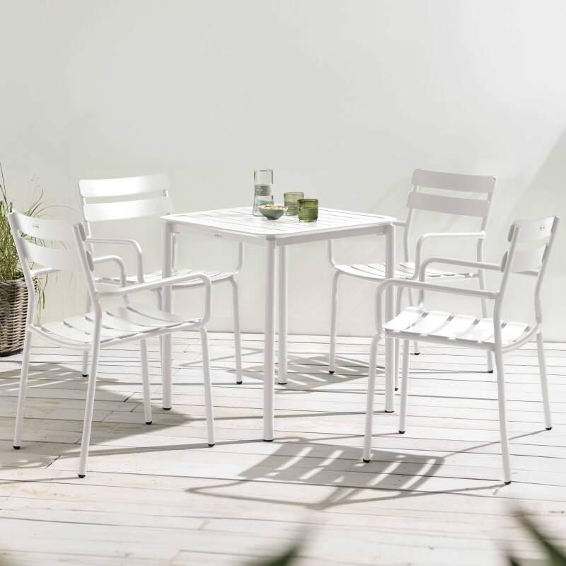 Table de terrasse carrée 70 x 70 cm et 4 chaises avec accoudoirs en aluminium