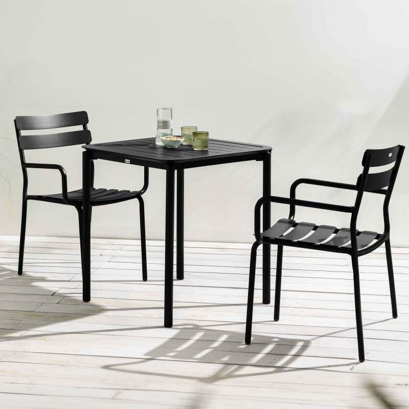 Table de terrasse carrée 70 x 70 cm et 2 chaises avec accoudoirs en aluminium