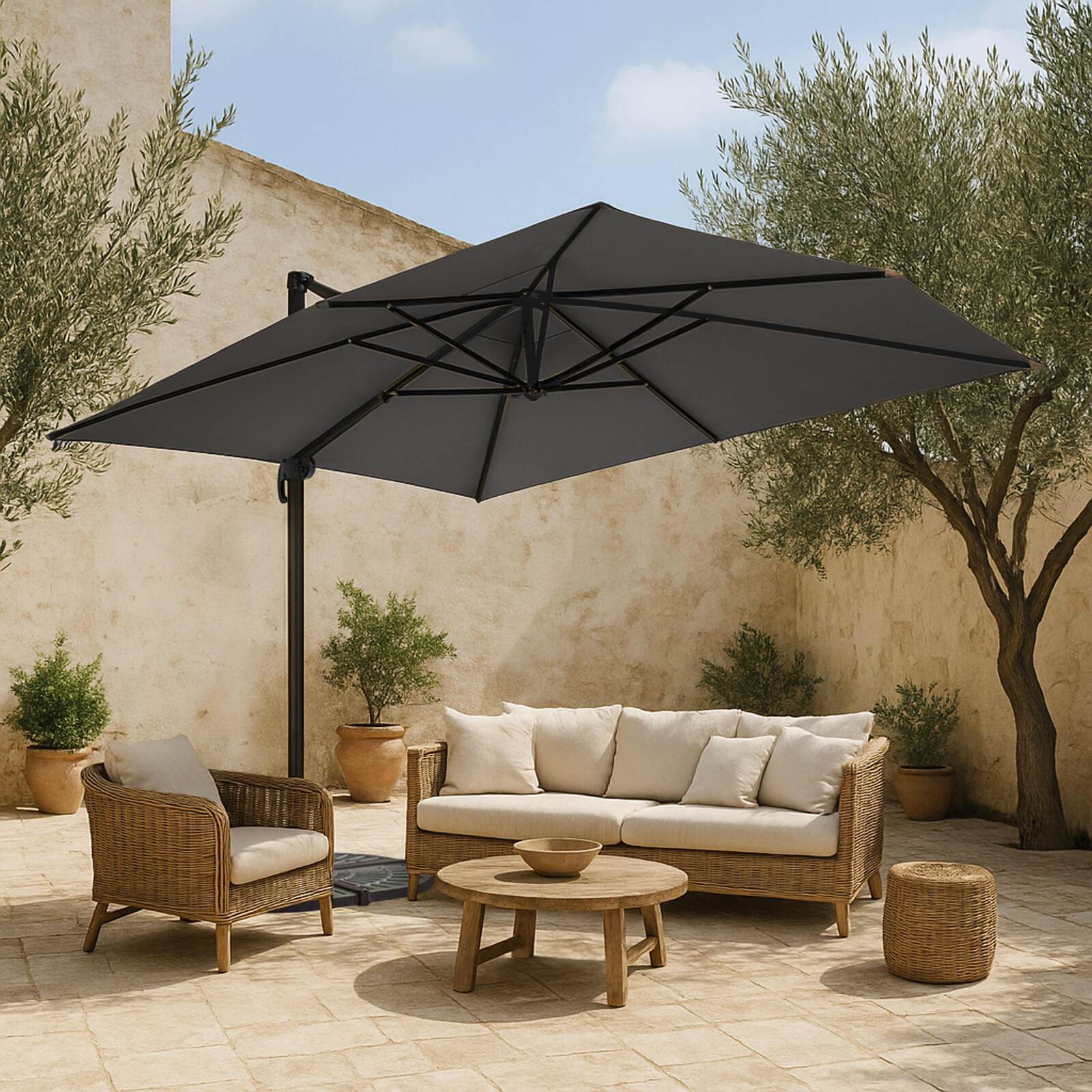 Parasol déporté professionnel rotatif 360° (4 x 3m) 240g/m² et dalle à lester sur roues 100L