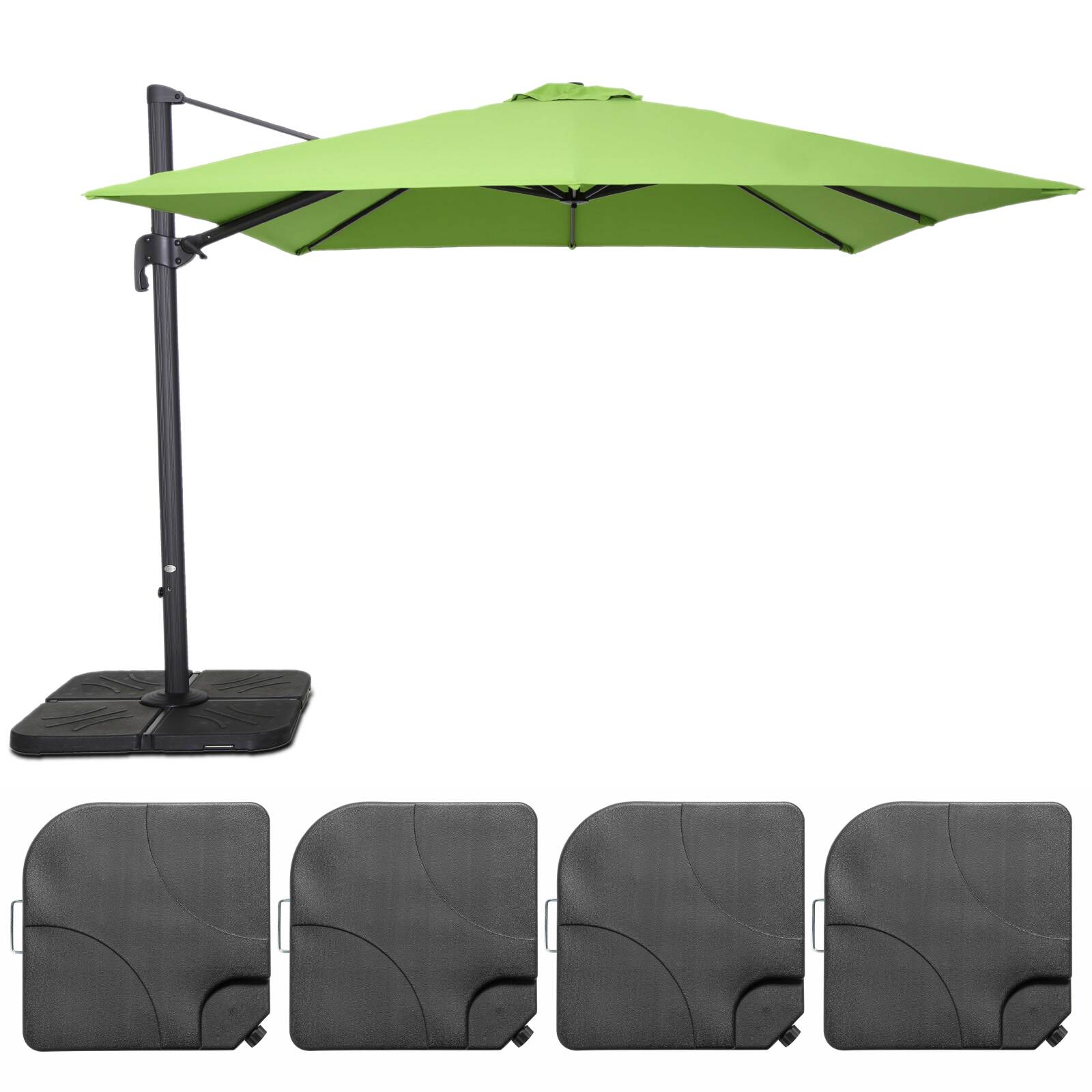Parasol déporté professionnel carré 250g/m² (3 x 3m) rotatif 360° et 4 dalles à lester remplissables