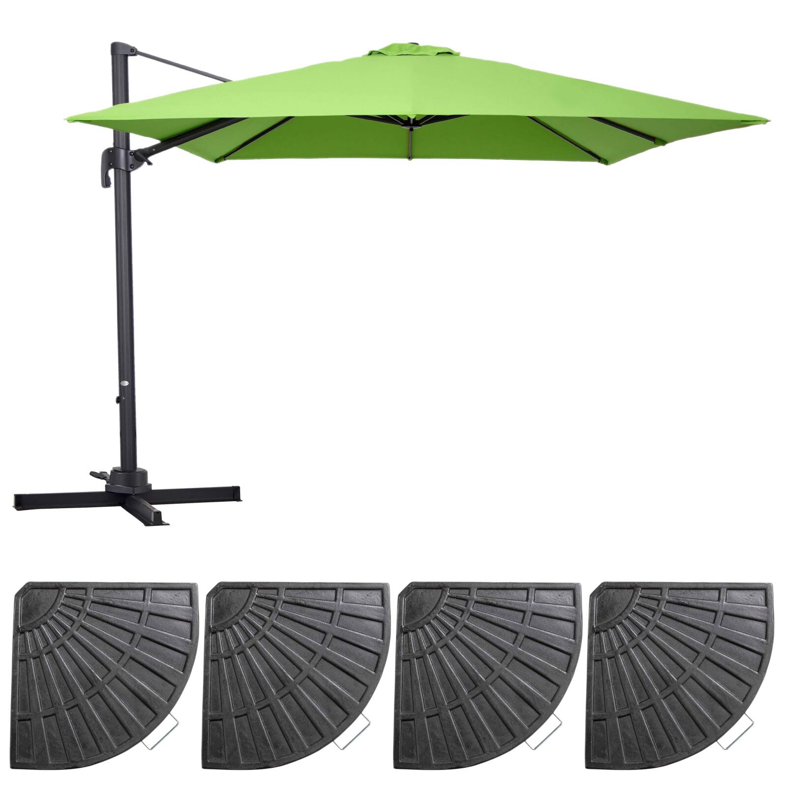 Parasol déporté professionnel carré 250g/m² (3 x 3m) rotatif 360° et 4 dalles lestées