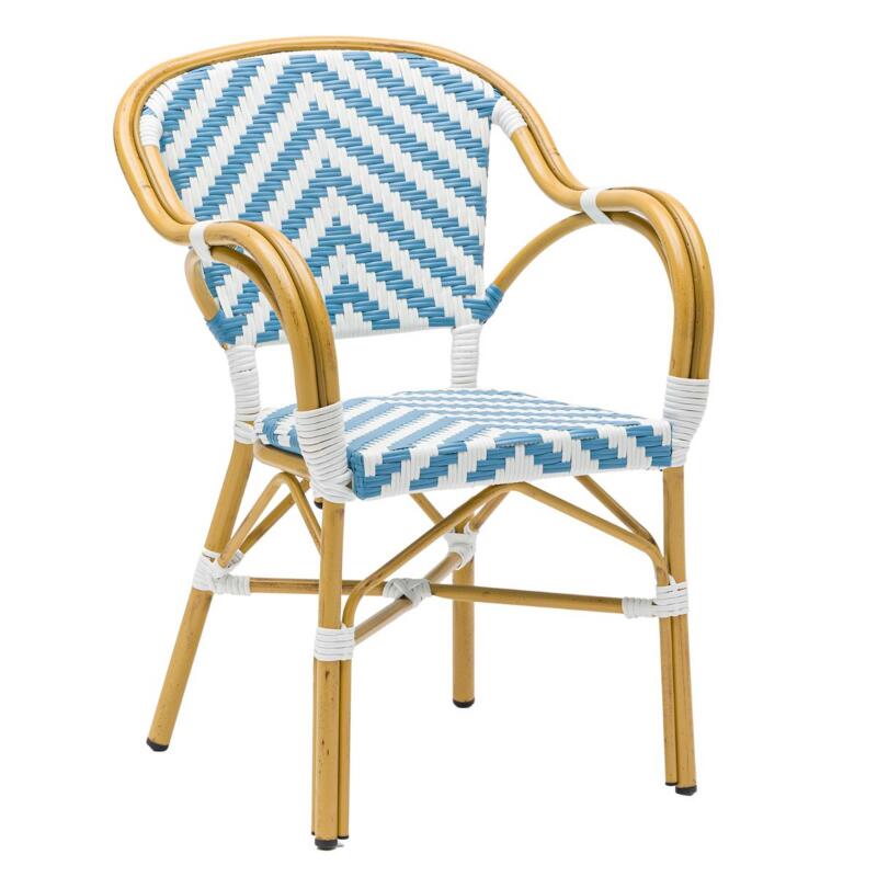 Chaise de terrasse style bistrot parisien en aluminium et rotin synthétique avec accoudoirs