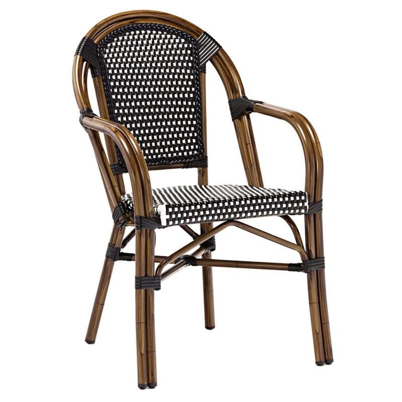 Chaise de terrasse style bistrot parisien en aluminium et rotin synthétique avec accoudoirs