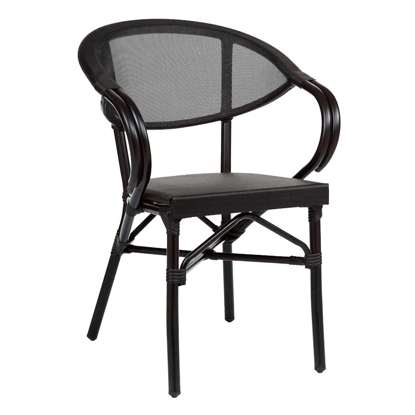 Chaise de terrasse style bistrot parisien en aluminium et rotin synthétique avec accoudoirs