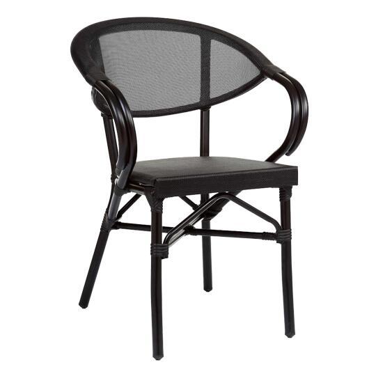 Chaise de terrasse style bistrot parisien en aluminium et rotin synthétique avec accoudoirs