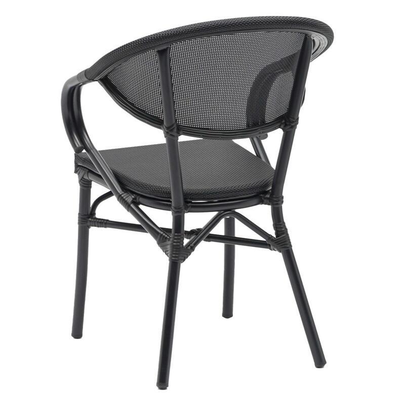 Chaise de terrasse style bistrot parisien en aluminium et rotin synthétique avec accoudoirs