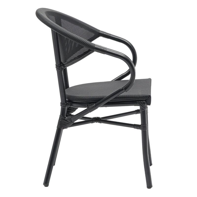 Chaise de terrasse style bistrot parisien en aluminium et rotin synthétique avec accoudoirs