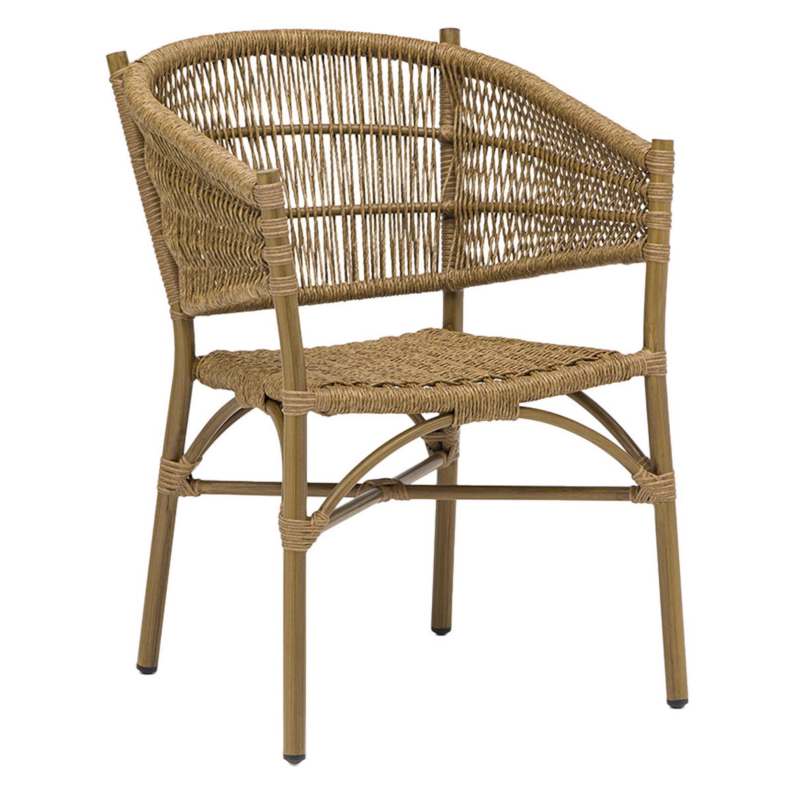 Chaise de terrasse style bistrot parisien en aluminium et rotin synthétique avec accoudoirs