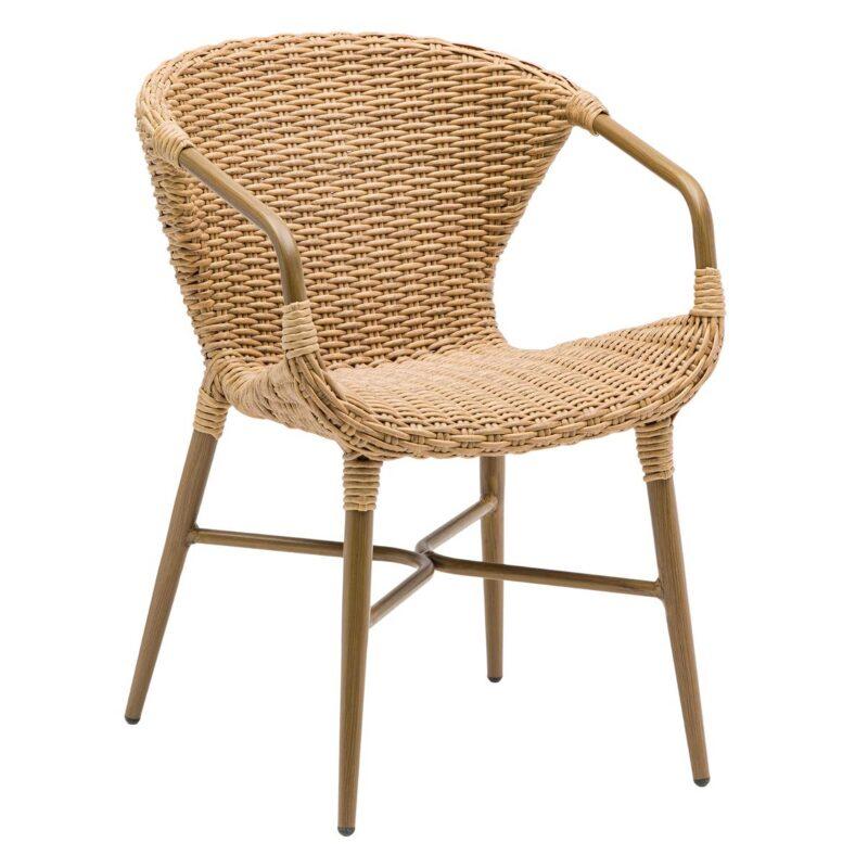 Chaise de terrasse style bistrot parisien en aluminium et rotin synthétique avec accoudoirs