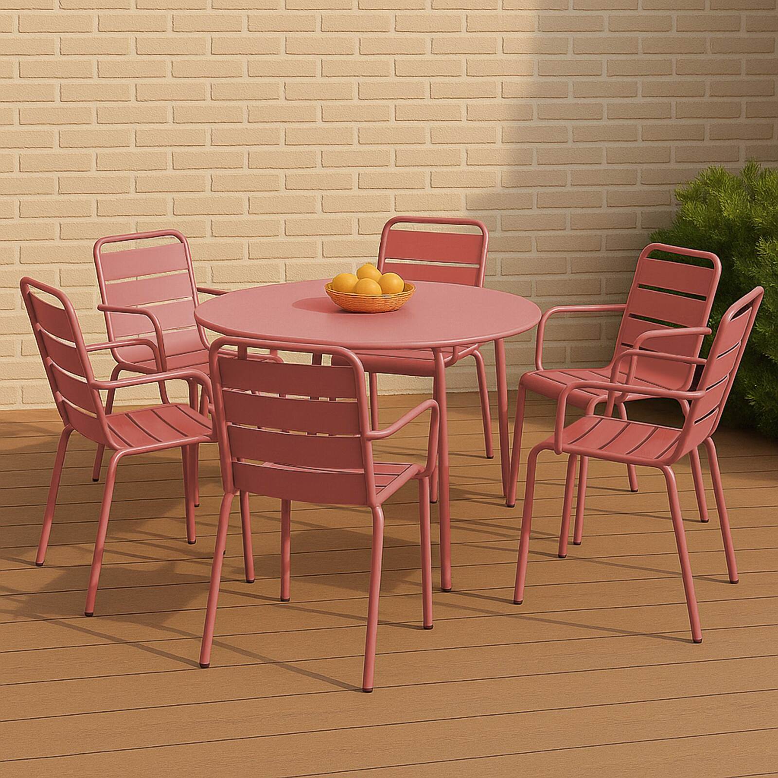 Table de terrasse ronde en métal Ø120 cm et 6 chaises avec accoudoirs