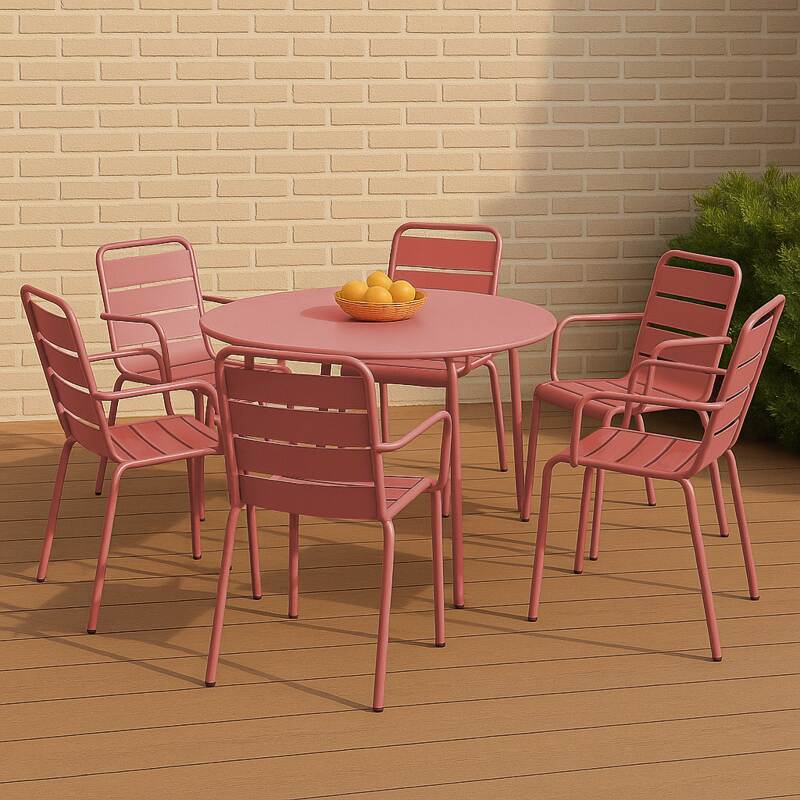 Table de terrasse ronde en métal Ø120 cm et 6 chaises avec accoudoirs