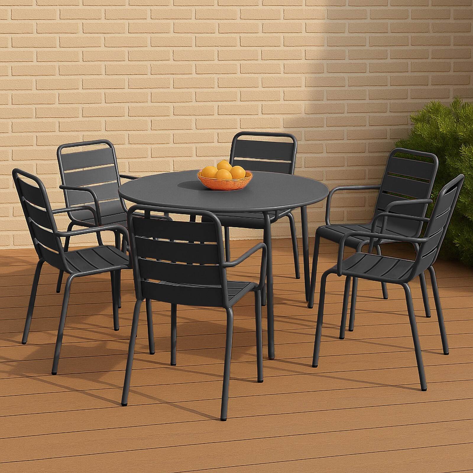 Table de terrasse ronde en métal Ø120 cm et 6 chaises avec accoudoirs