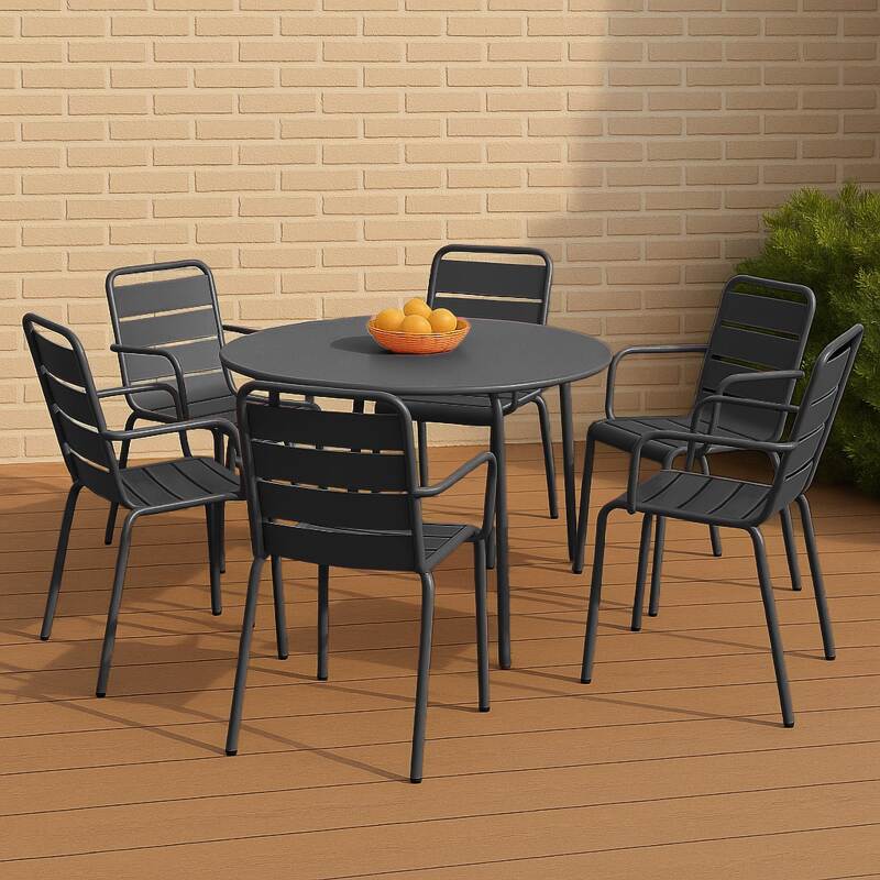 Table de terrasse ronde en métal Ø120 cm et 6 chaises avec accoudoirs