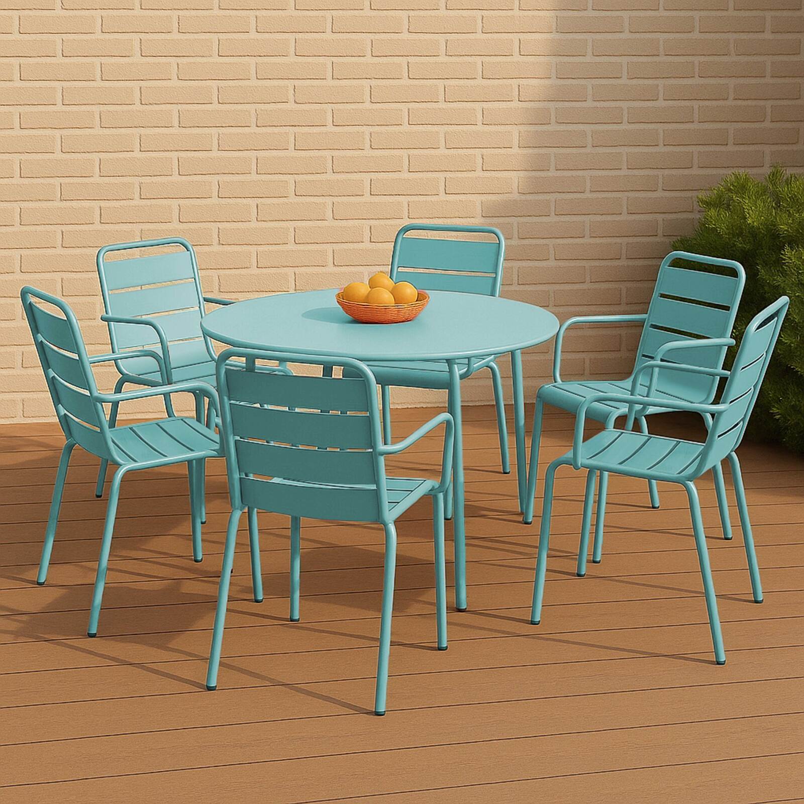 Table de terrasse ronde en métal Ø120 cm et 6 chaises avec accoudoirs