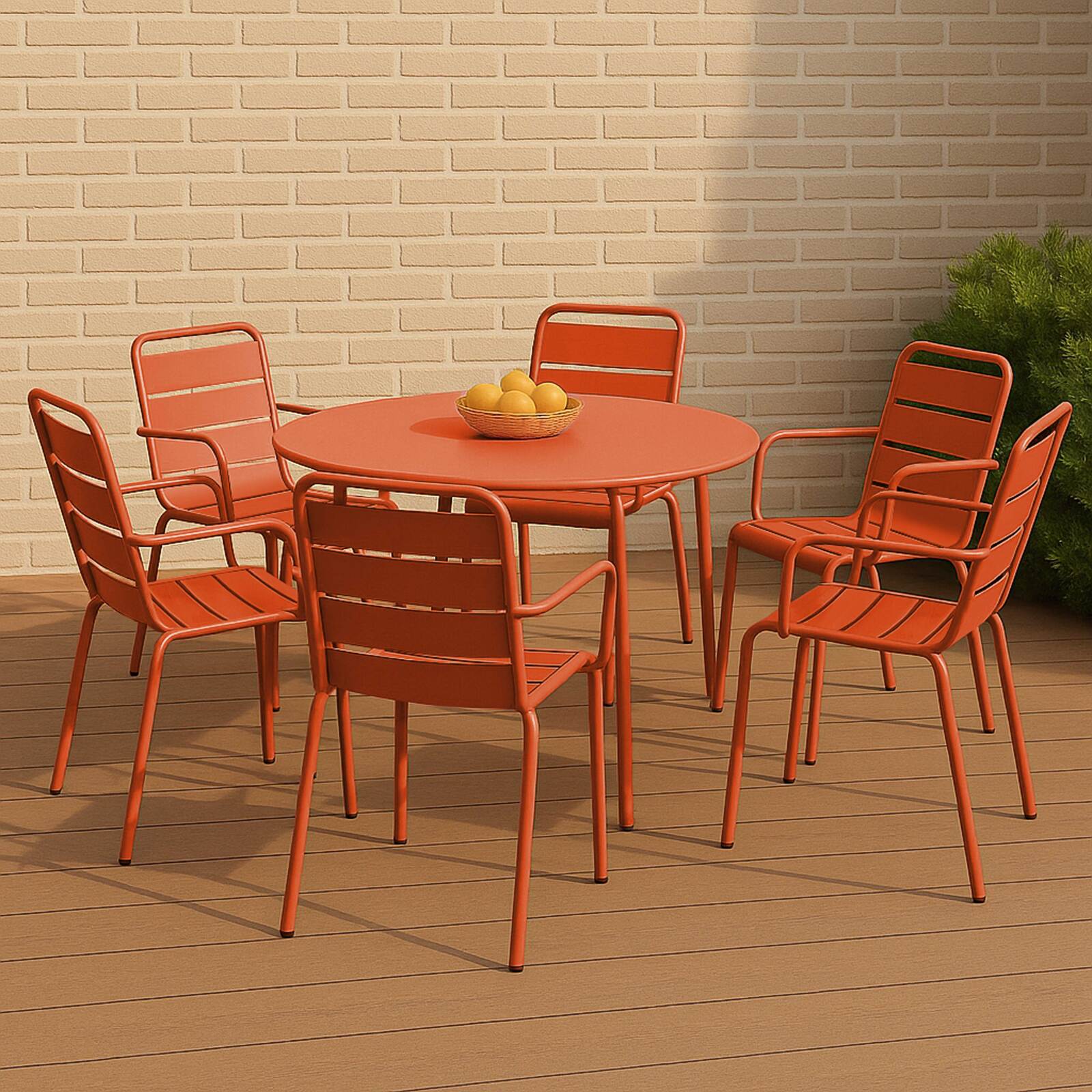 Table de terrasse ronde en métal Ø120 cm et 6 chaises avec accoudoirs