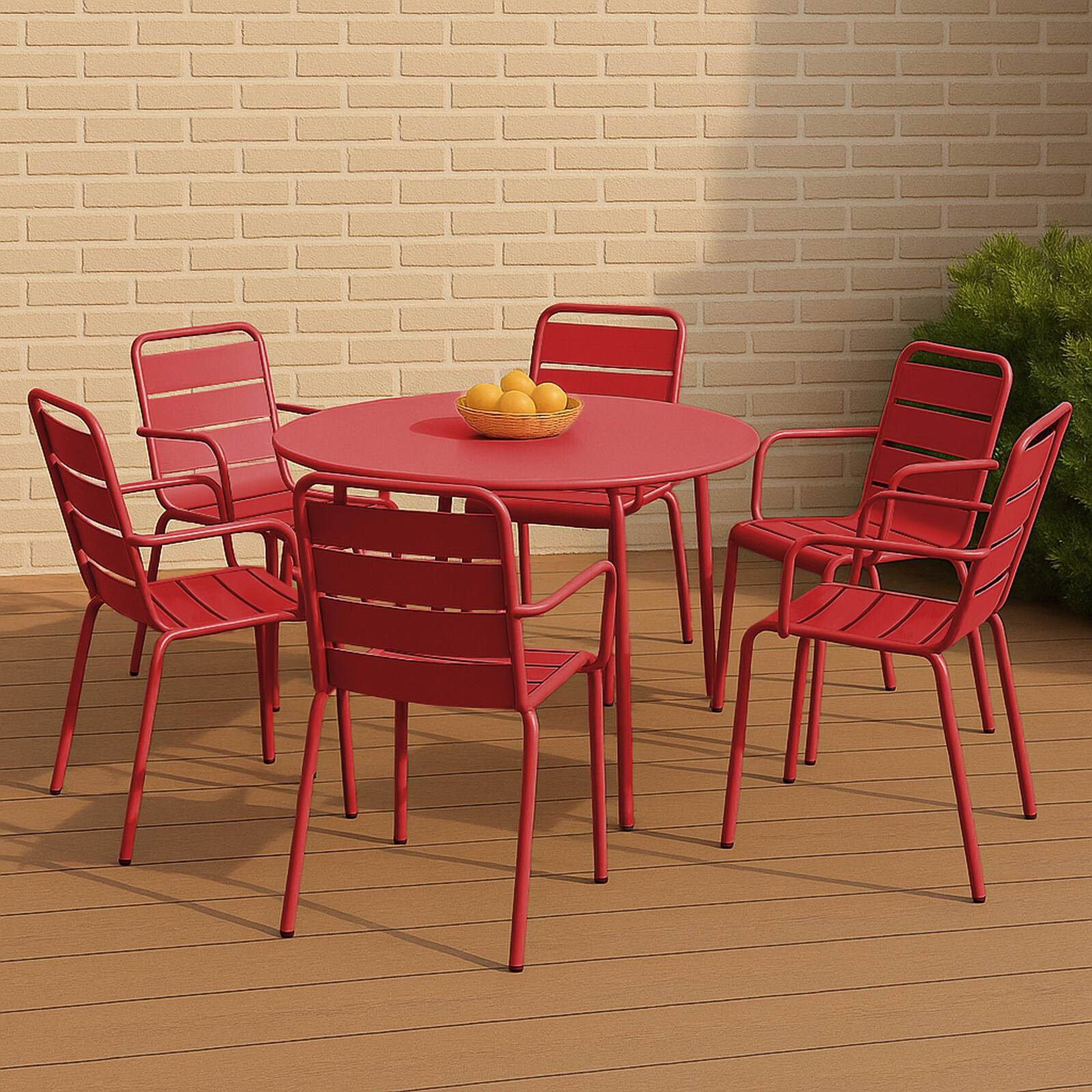 Table de terrasse ronde en métal Ø120 cm et 6 chaises avec accoudoirs