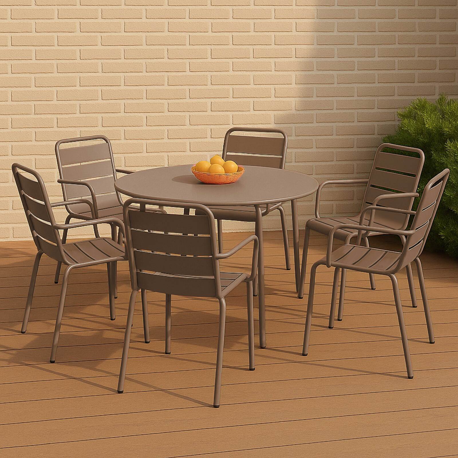 Table de terrasse ronde en métal Ø120 cm et 6 chaises avec accoudoirs