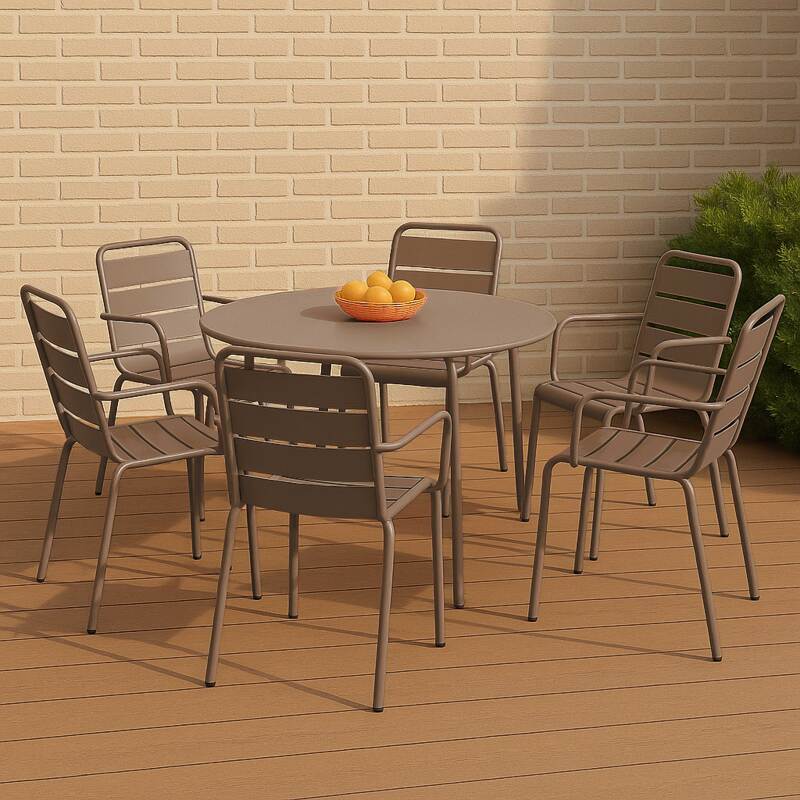 Table de terrasse ronde en métal Ø120 cm et 6 chaises avec accoudoirs