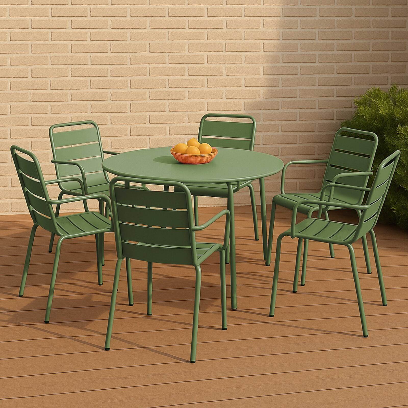 Table de terrasse ronde en métal Ø120 cm et 6 chaises avec accoudoirs