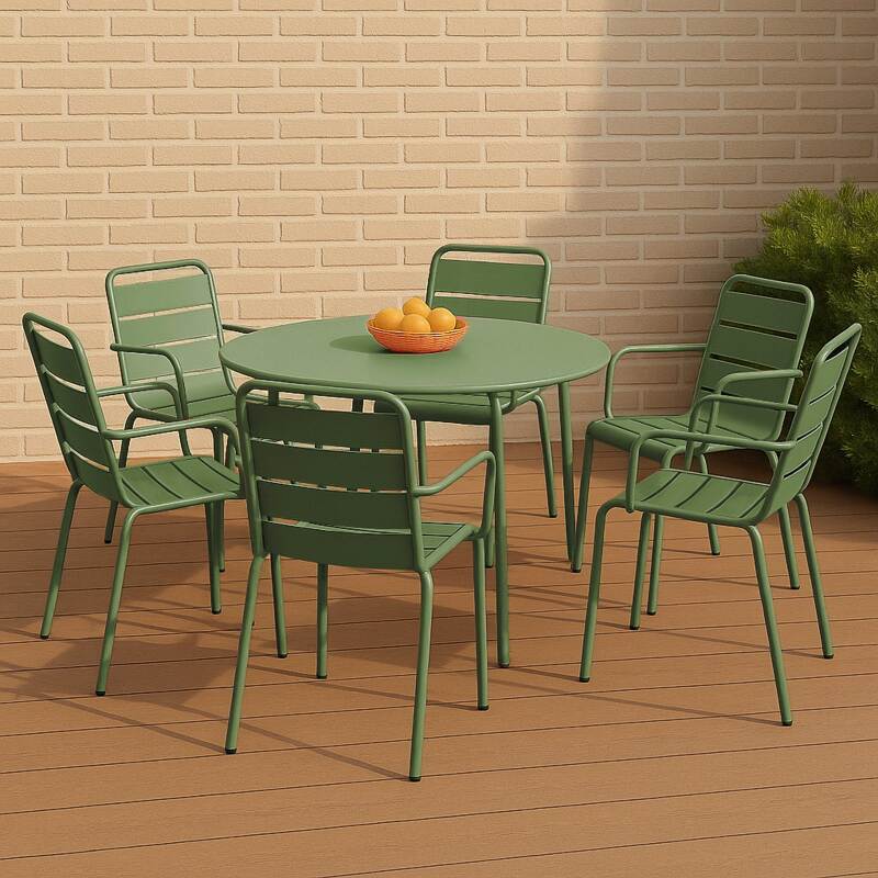 Table de terrasse ronde en métal Ø120 cm et 6 chaises avec accoudoirs
