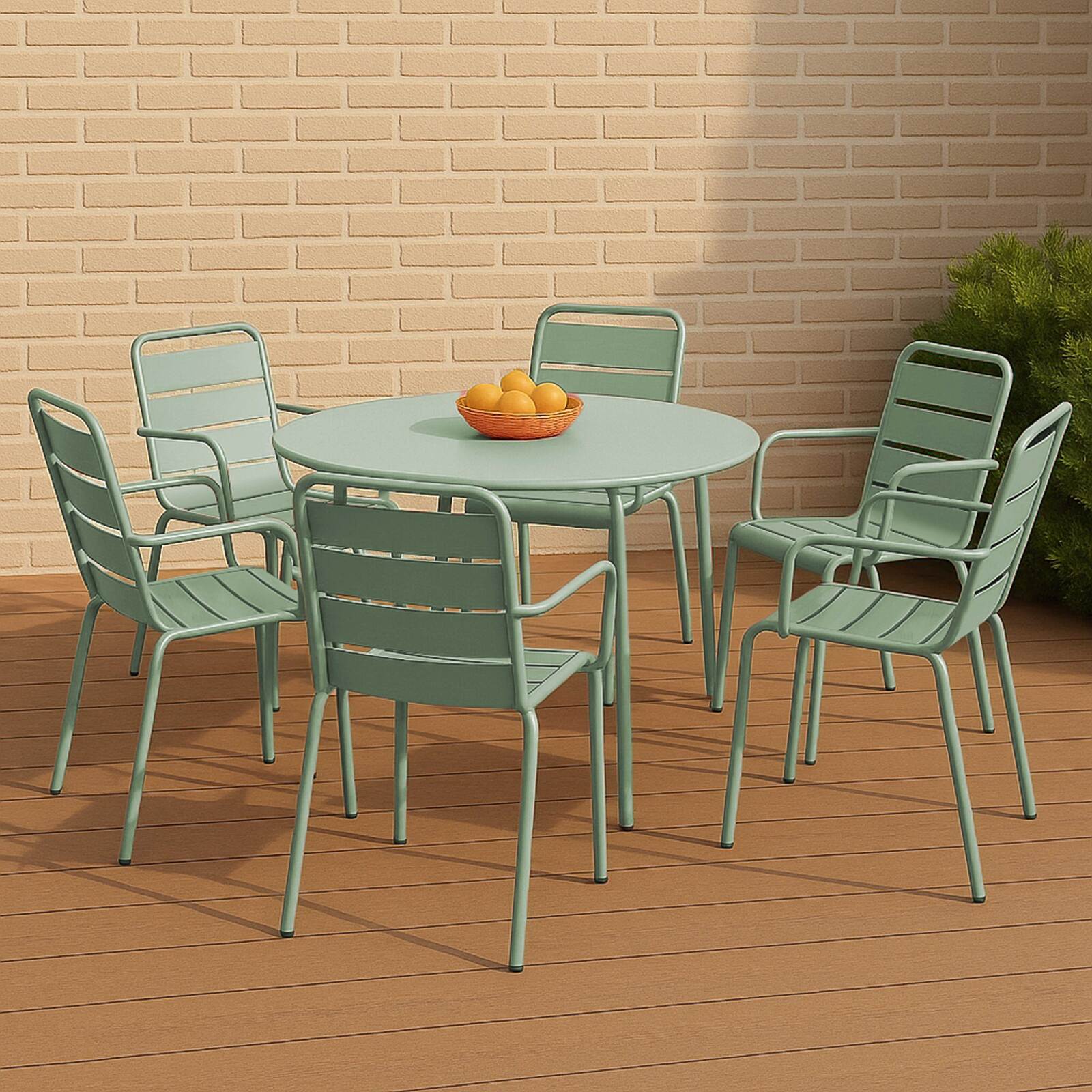 Table de terrasse ronde en métal Ø120 cm et 6 chaises avec accoudoirs