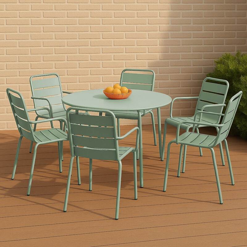 Table de terrasse ronde en métal Ø120 cm et 6 chaises avec accoudoirs
