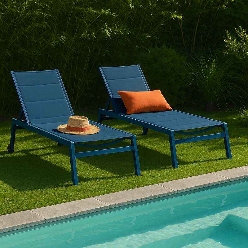 Transats professionnels aluminium et textilène inclinables 5 positions avec roues- Lot de 2