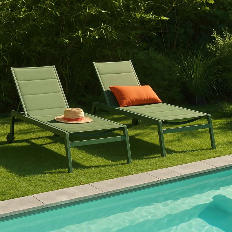 Transats professionnels aluminium et textilène inclinables 5 positions avec roues- Lot de 2