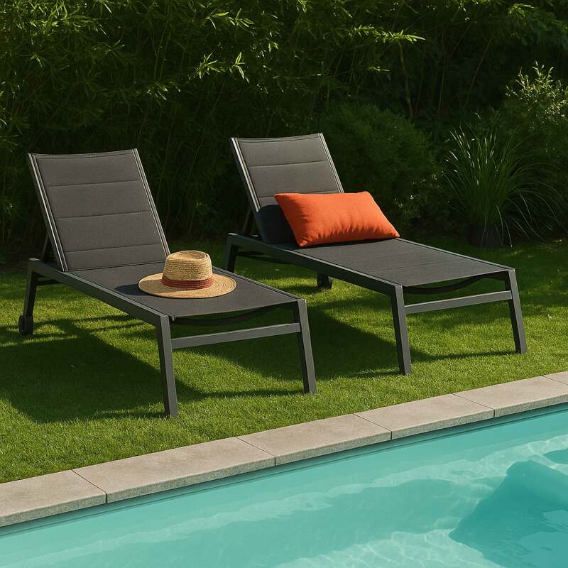 Transats professionnels aluminium et textilène inclinables 5 positions avec roues- Lot de 2