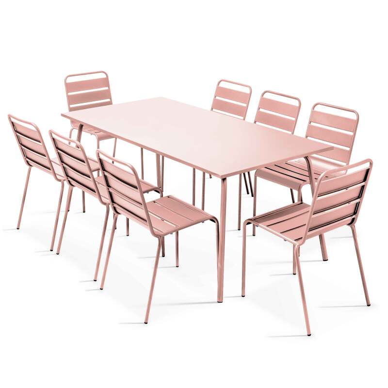 Ensemble table rectangulaire 180 cm et 8 chaises en métal