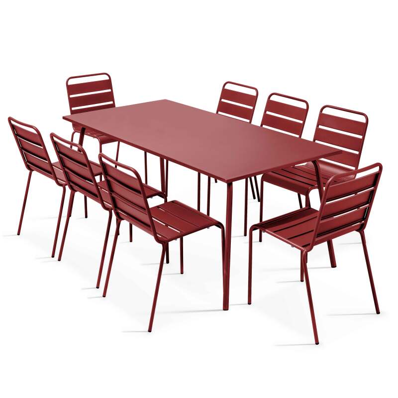 Ensemble table rectangulaire 180 cm et 8 chaises en métal