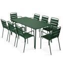 Table de terrasse en métal 180x90 cm et 8 chaises avec accoudoirs
