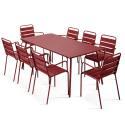 Table de terrasse en métal 180x90 cm et 8 chaises avec accoudoirs