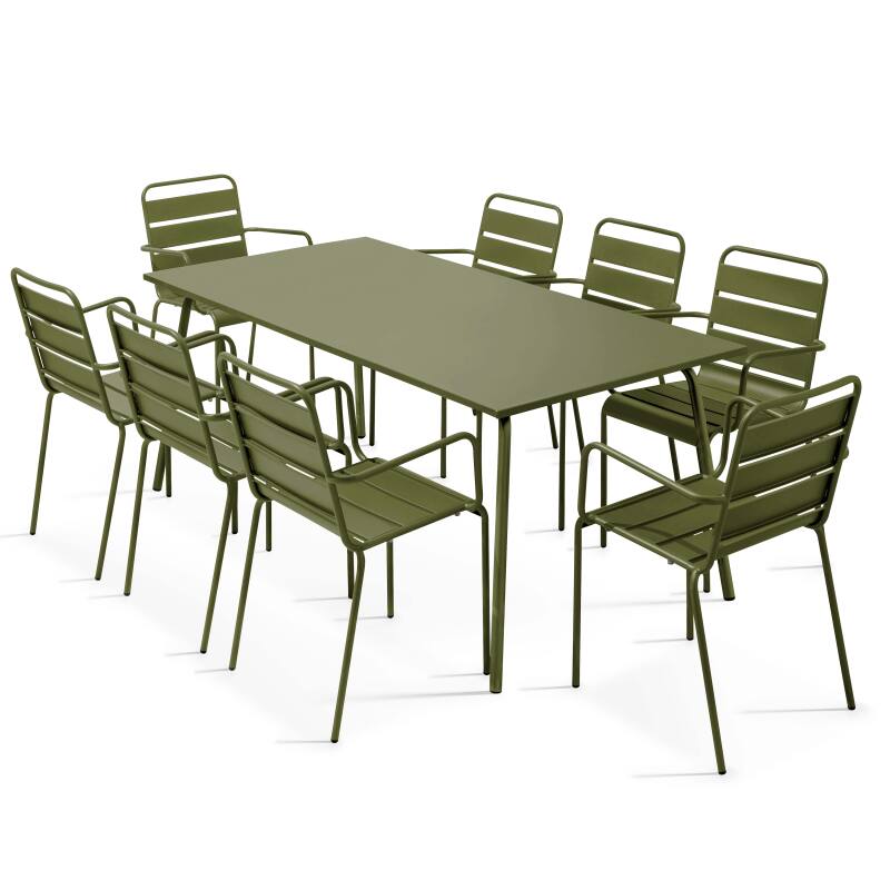 Table de terrasse en métal 180x90 cm et 8 chaises avec accoudoirs