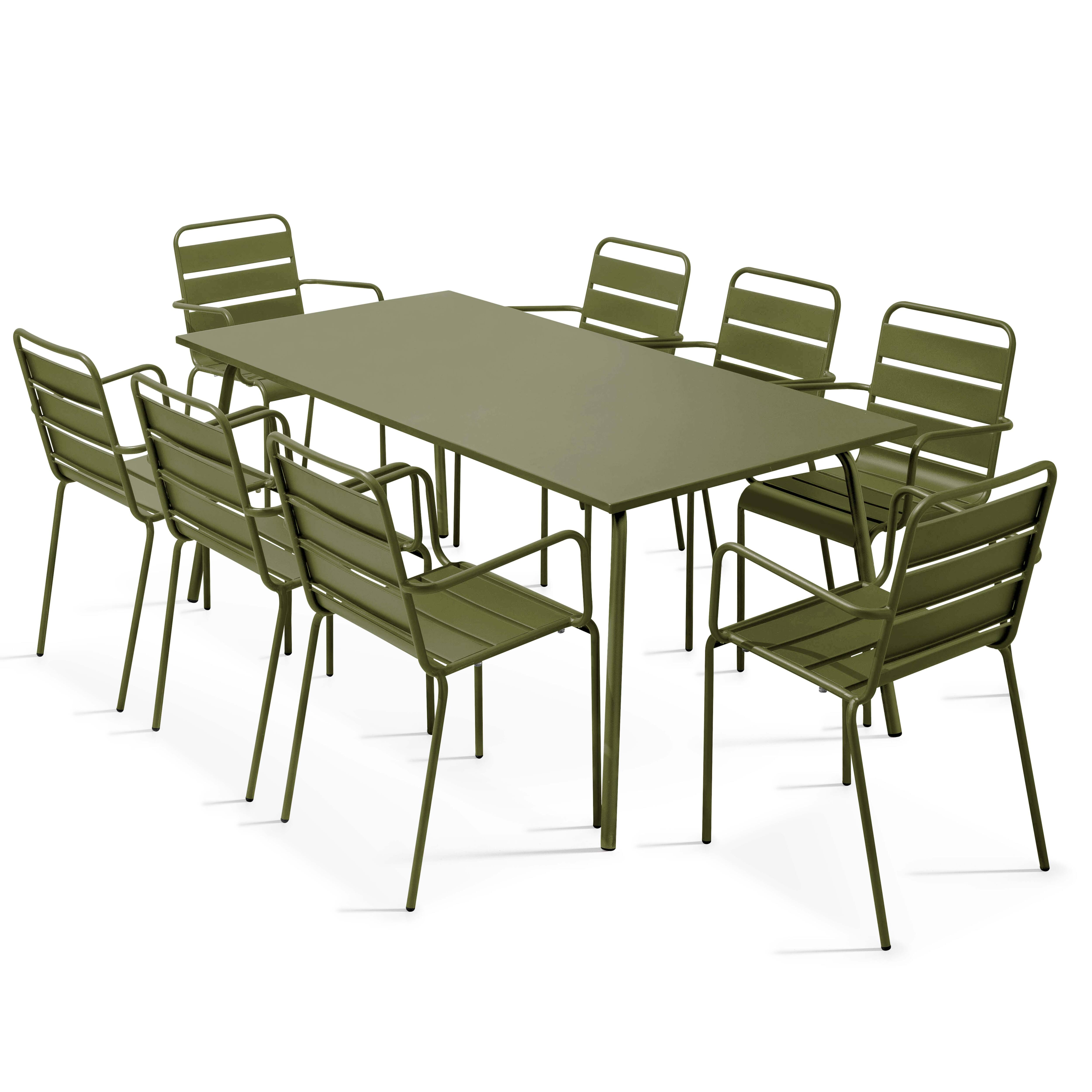 Table de terrasse en métal 180x90 cm et 8 chaises avec accoudoirs