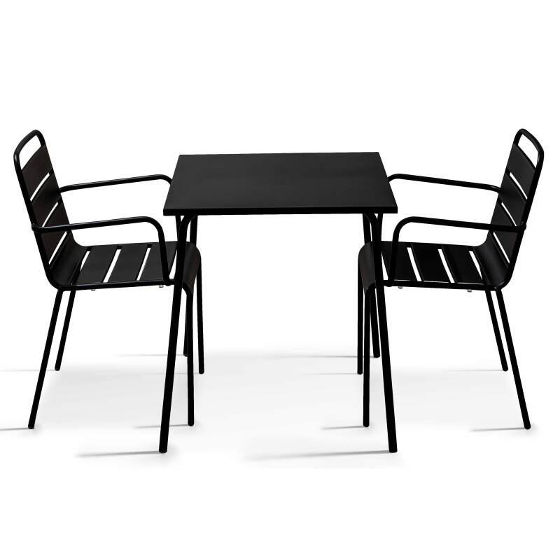 Table de terrasse bistrot carrée en métal 70x70 cm et 2 chaises avec accoudoirs