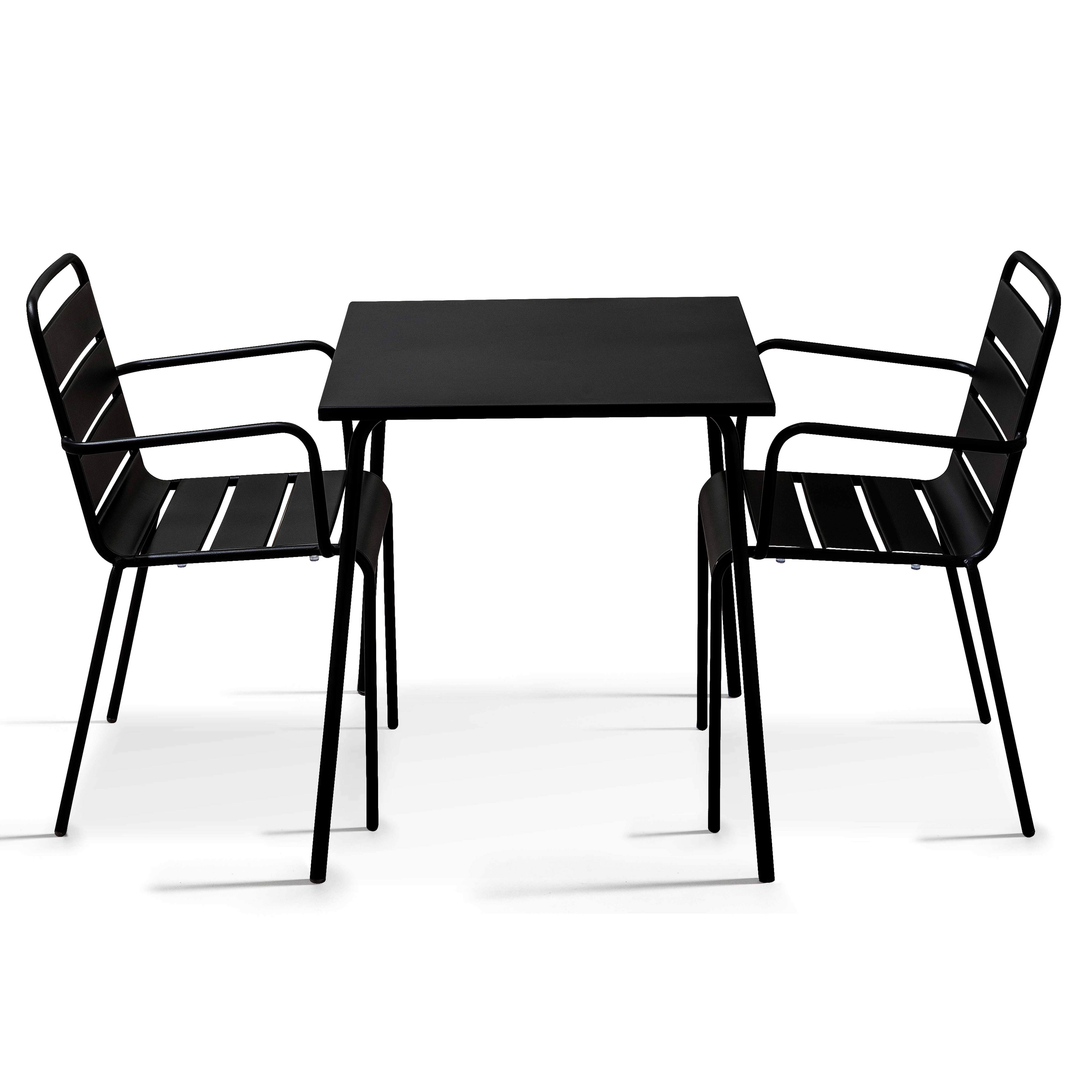 Table de terrasse bistrot carrée en métal 70x70 cm et 2 chaises avec accoudoirs