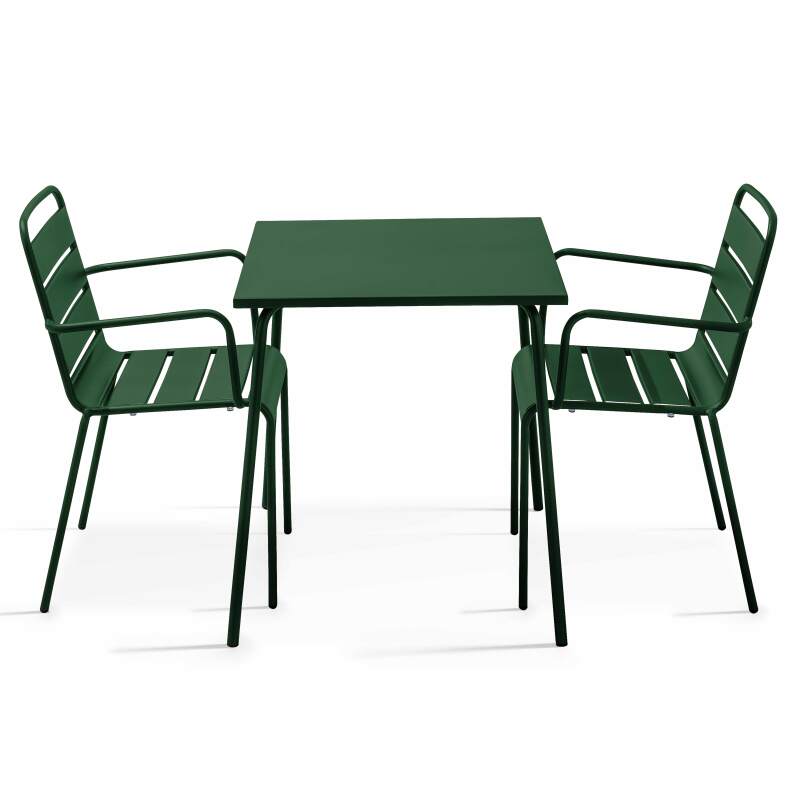 Table de terrasse bistrot carrée en métal 70x70 cm et 2 chaises avec accoudoirs