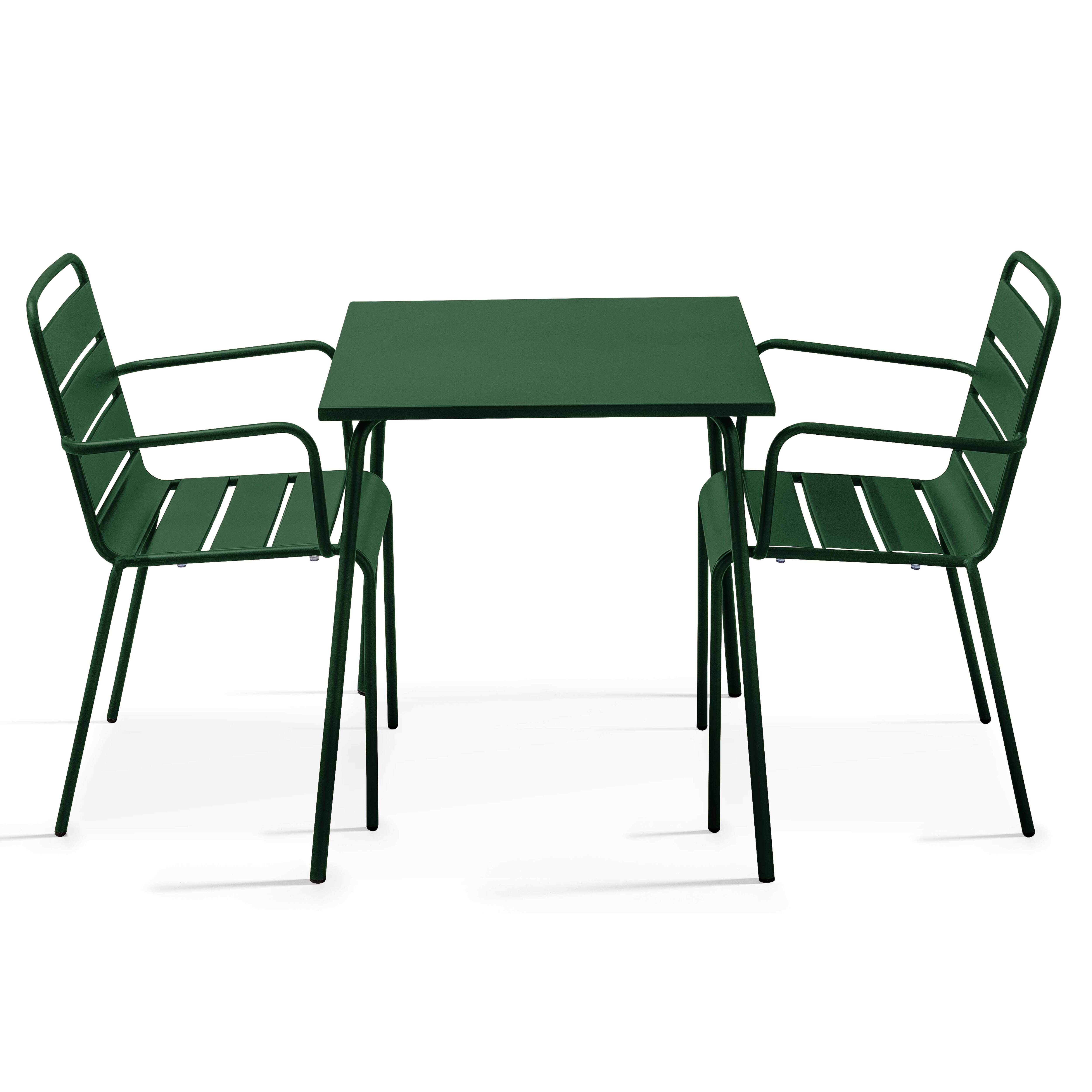 Table de terrasse bistrot carrée en métal 70x70 cm et 2 chaises avec accoudoirs