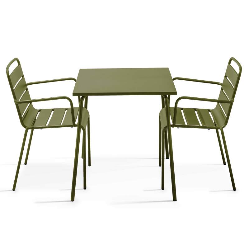 Table de terrasse bistrot carrée en métal 70x70 cm et 2 chaises avec accoudoirs